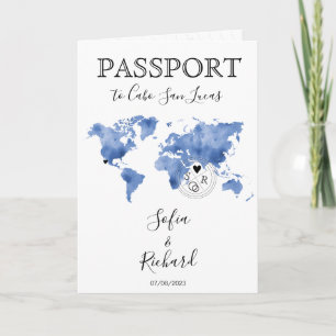 Invitación Pasaporte de Boda de Destino Mapa del Mundo Azul M