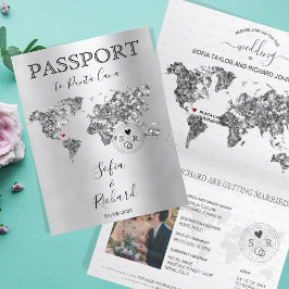 Invitación Pasaporte de boda de destino Mapa mundial de plata