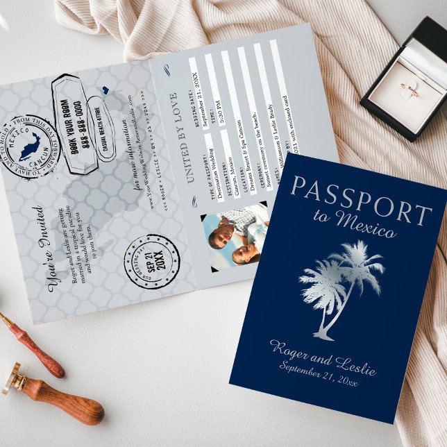 Invitación Pasaporte de Boda de México de Navy Blue Silver Ca (Subido por el creador)