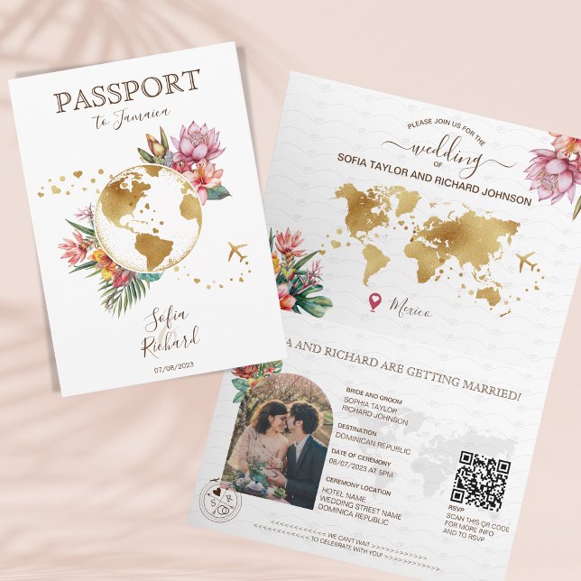 Invitación Pasaporte de bodas de destino de playa tropical QR (gold world map and tropical flowers passport wedding invitation)