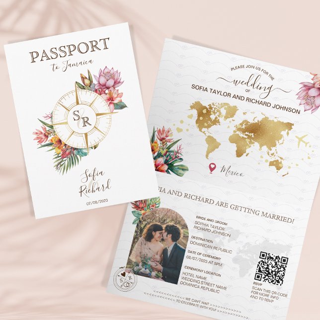 Invitación Pasaporte de bodas de destino de playa tropical QR (Subido por el creador)