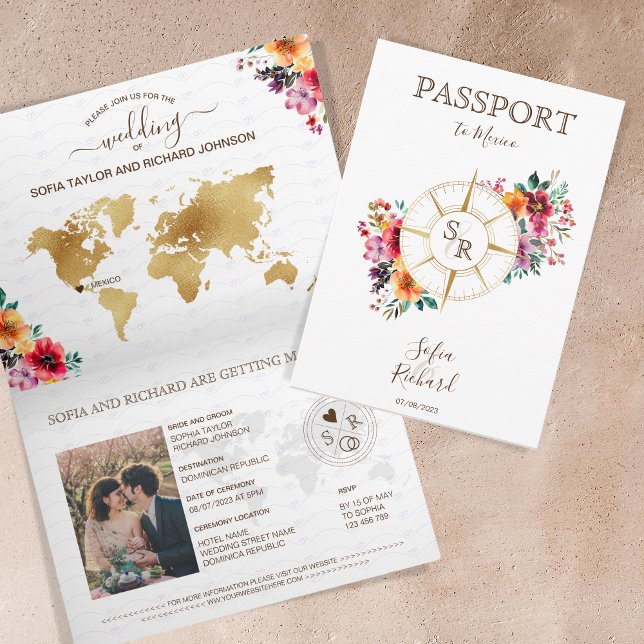 Invitación Pasaporte de bodas de destino floral de verano (passport wedding invitation with compass and flowers)