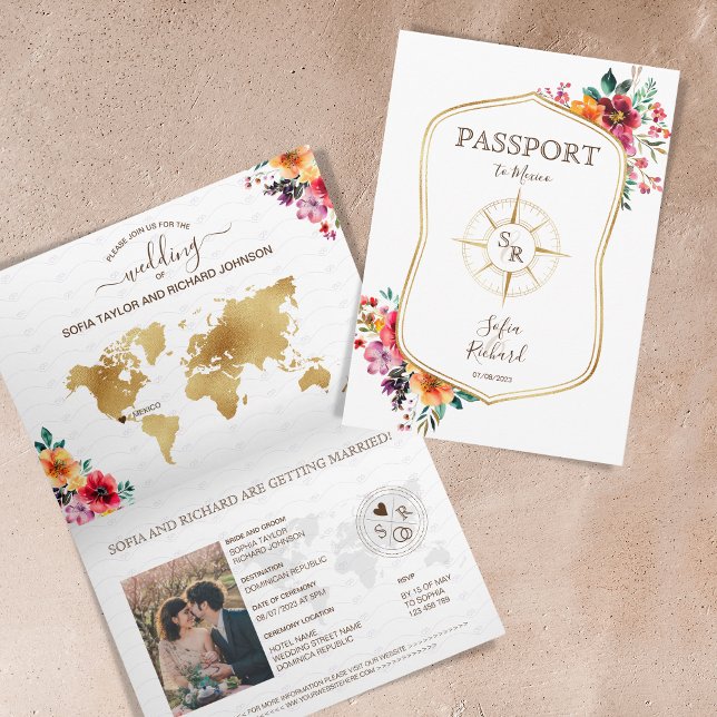 Invitación Pasaporte de bodas de destino floral de verano (floral passport invitation)