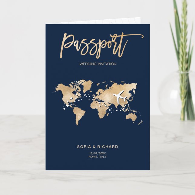 Invitación Pasaporte de destino boda Mapa mundial moderno (Anverso)
