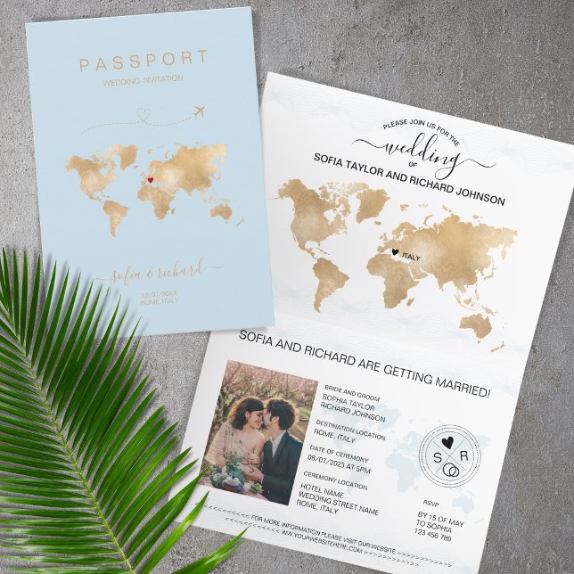Invitación Pasaporte de destino boda Mapa mundial moderno (Subido por el creador)