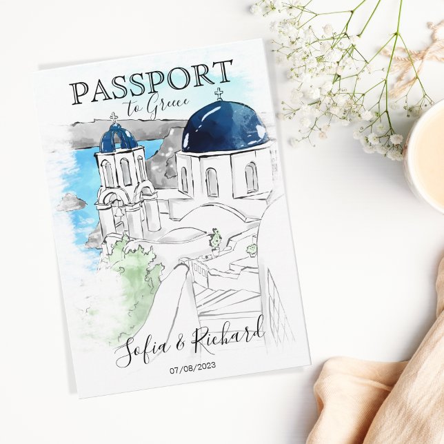 Invitación Pasaporte de destino boda Santorini Grecia (Subido por el creador)