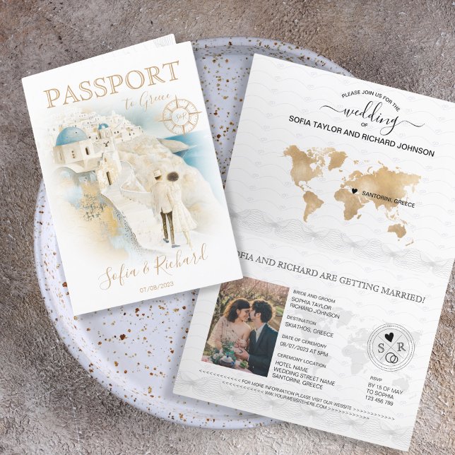 Invitación Pasaporte de destino boda Santorini Grecia (Subido por el creador)