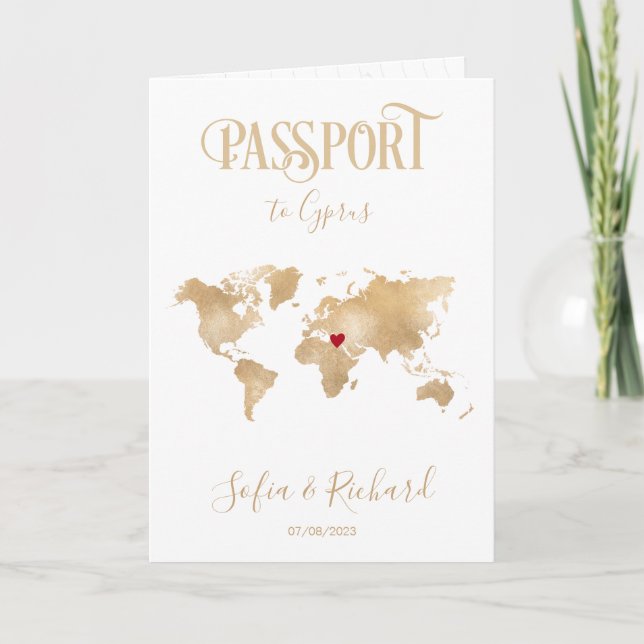Invitación Pasaporte de destino de Boda de mapa de Chipre Gol (Anverso)
