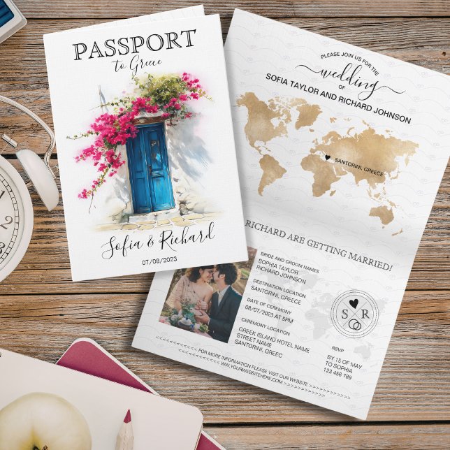 Invitación Pasaporte de destino de boda Santorini Grecia (Wedding Destination Passport Santorini Greece Invitation)