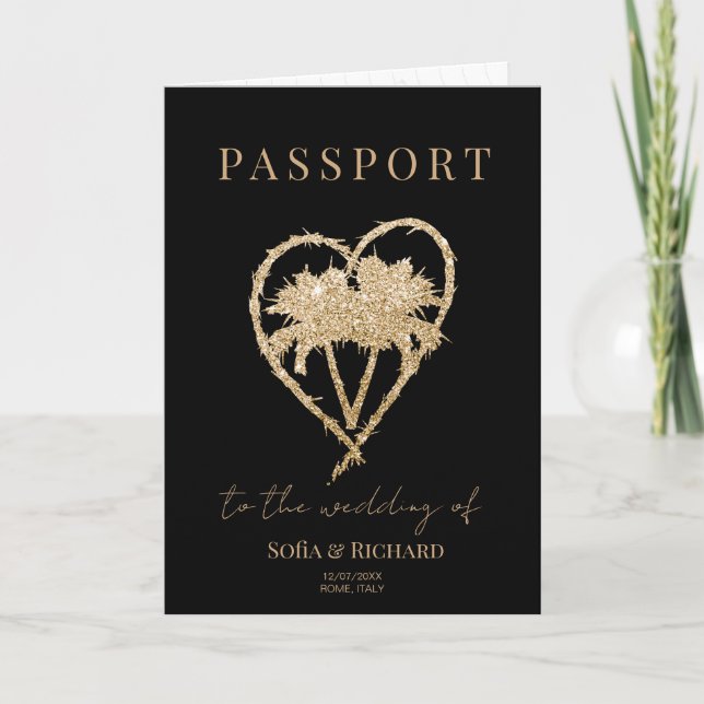 Invitación Pasaporte de destino de Bodas de palmeras elegante (Anverso)