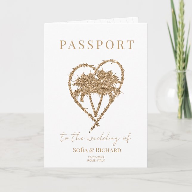 Invitación Pasaporte de destino de Bodas de palmeras elegante (Anverso)