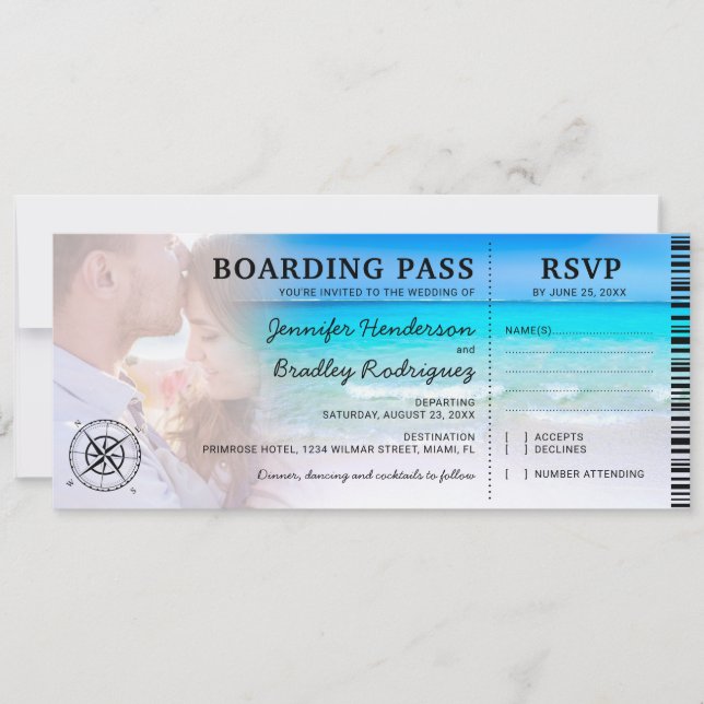 Invitación Pasaporte de Embargue Playa Foto RSVP & Boda (Anverso)