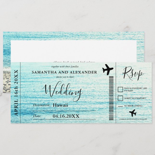 Invitación Pasaporte de embarque de avión de playa con guión  (Anverso / Reverso)