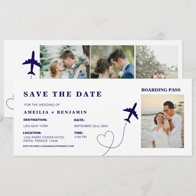 Invitación Pasaporte de embarque de viaje simple Destino de b (Anverso / Reverso)