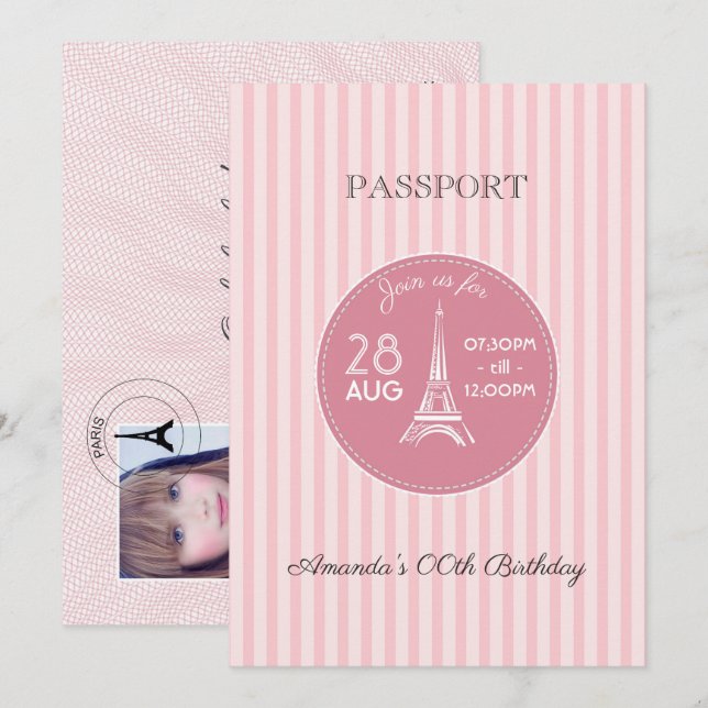 Invitación Pasaporte de fiesta de cumpleaños con tema de Parí (Anverso / Reverso)