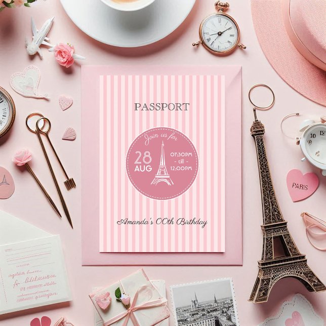 Invitación Pasaporte de fiesta de cumpleaños tema de París ro (Pink Paris Theme Birthday Party Passport Invitation)