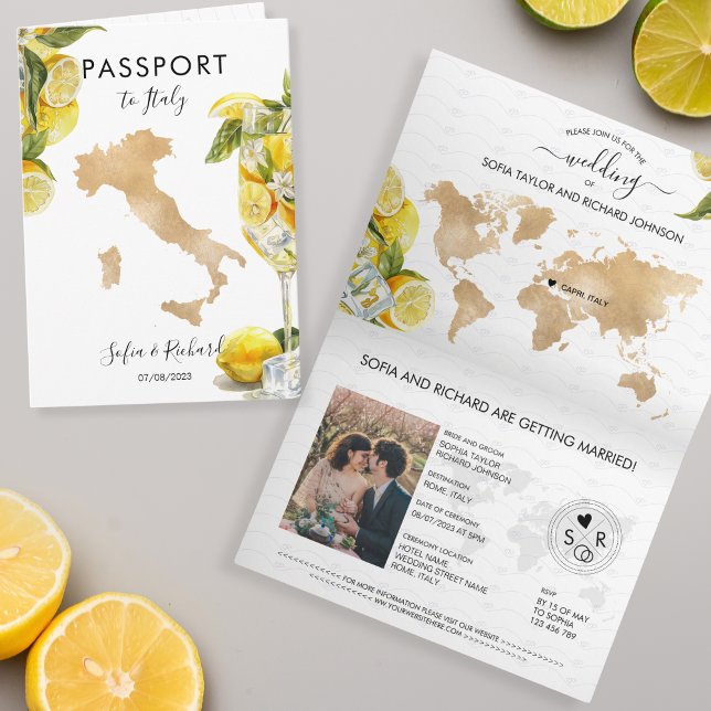 Invitación Pasaporte de limón de destino de bodas Italia (lemon citrus summer yellow watercolor)