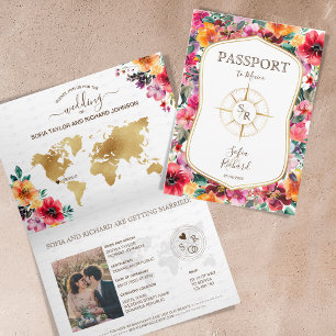Invitación Pasaporte de matrimonio de destino floral colorido