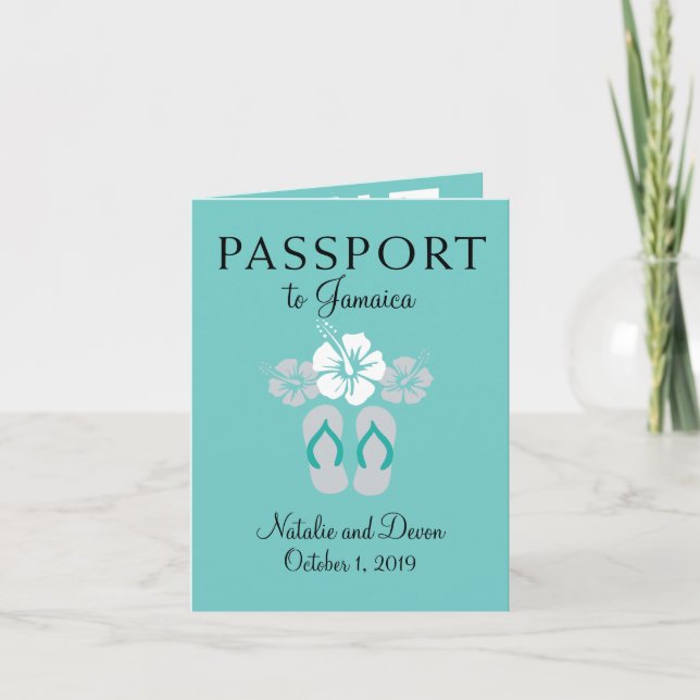 Invitación Pasaporte de Negril Jamaica Verde azulado y Boda g (Anverso)