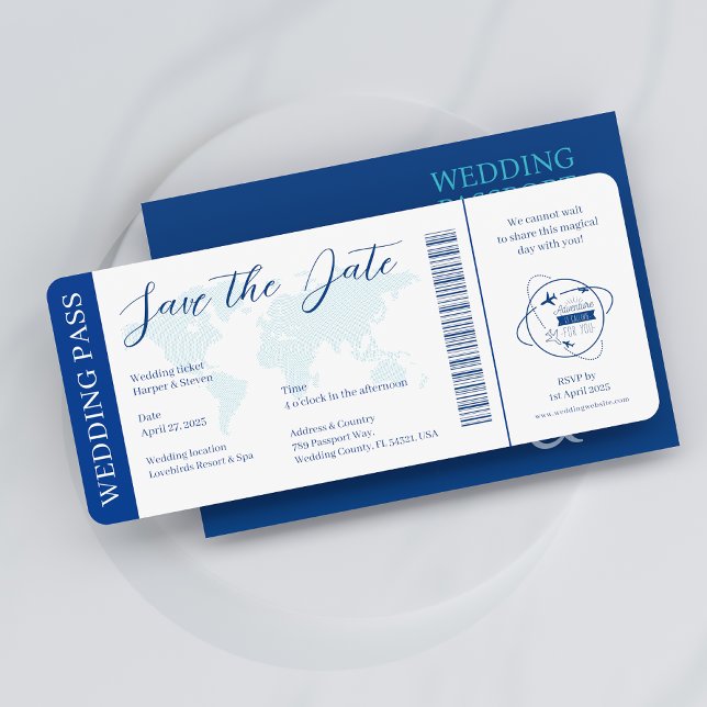 Invitación Pasaporte de pasaje de boletos boda Santorini Blue (Subido por el creador)