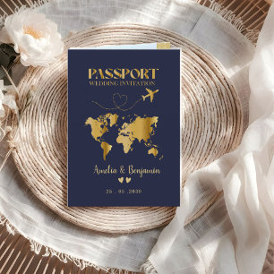 Invitación Pasaporte de viaje corazón de oro para boda de des