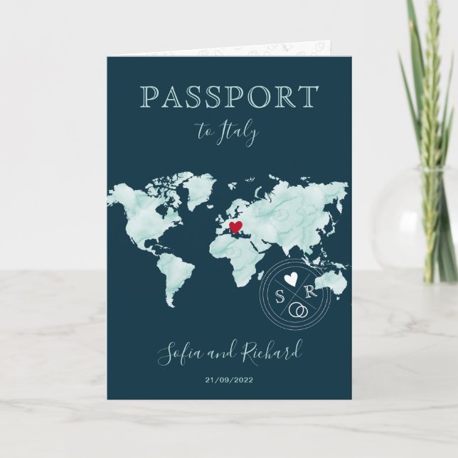 Invitación Pasaporte del mapa mundial de acuarela de destino  (Anverso)