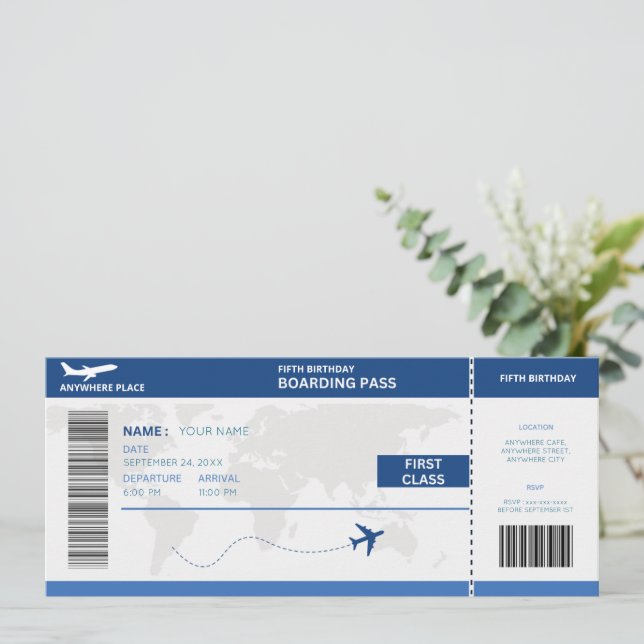 Invitación Pasaporte divertido, pasaje de embarque cumpleaños (Anverso de pie)