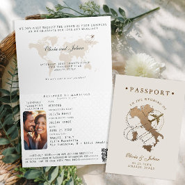 Invitación Pasaporte Falso Dorado Beige Boda de Destino Itali