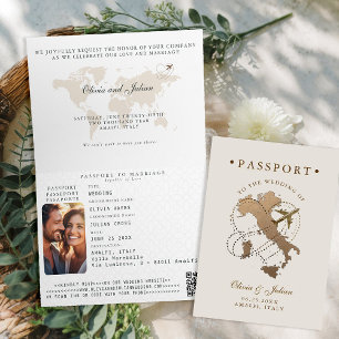 Invitación Pasaporte Falso Dorado Beige Boda de Destino Itali