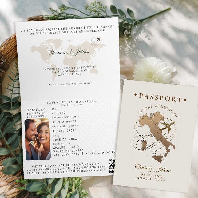 Invitación Pasaporte Falso Dorado Beige Boda de Destino Itali (passport wedding invitation card destination getaway beige ecru faux gold map italy amalfi monograms)