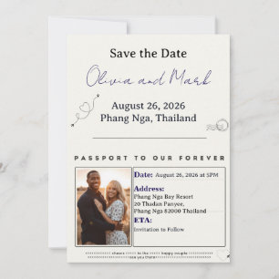 Invitación Pasaporte Guarde la Fecha – Azul Marino y Dorado