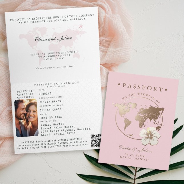 Invitación Pasaporte Hibisco Boda Tropical de Destino (passport wedding invitation card destination getaway tropical hawaii pink gold hibiscus floral)