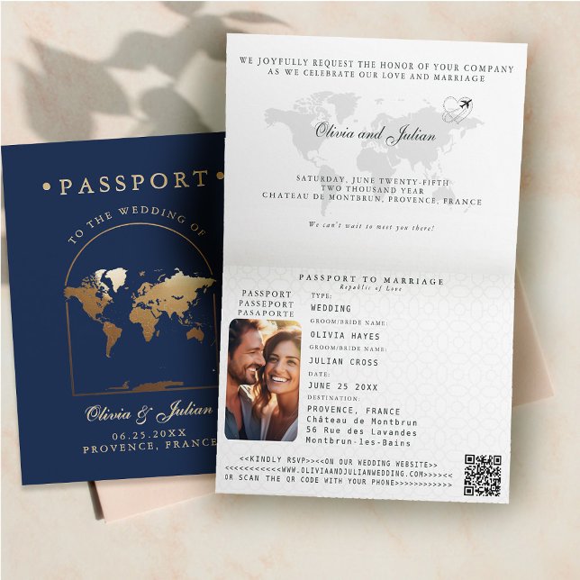 Invitación Pasaporte Mapa Boho Arco Azul Marino Boda Destino (passport wedding invitation card destination getaway navy blue faux gold map boho arch monograms fol)