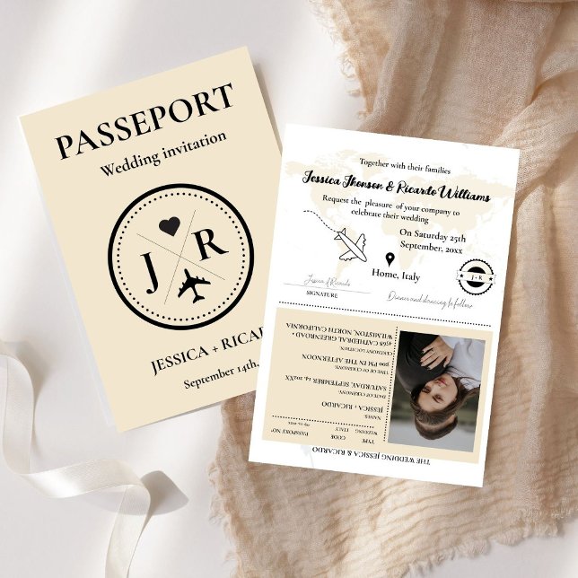 Invitación Pasaporte monograma beige Boda de destino (Subido por el creador)