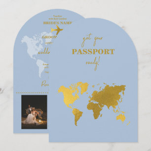 Invitación Pasaporte Mundial de Boda de Destino Azul Polvo Or