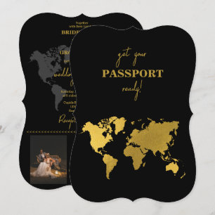 Invitación Pasaporte Mundial de Boda de Destino Negro Oro