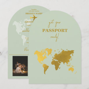 Invitación Pasaporte Mundial de Boda de Destino Sage Green Go