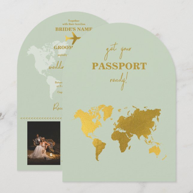 Invitación Pasaporte Mundial de Boda de Destino Sage Green Go (Anverso / Reverso)
