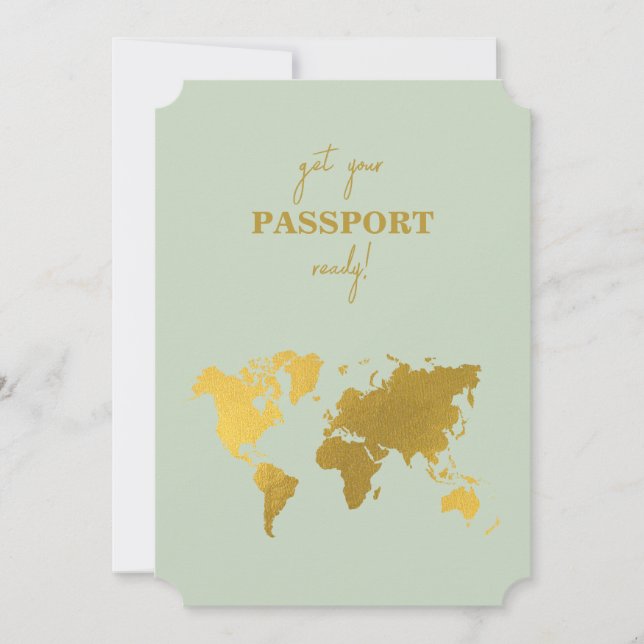 Invitación Pasaporte Mundial de Boda de Destino Sage Green Go (Anverso)