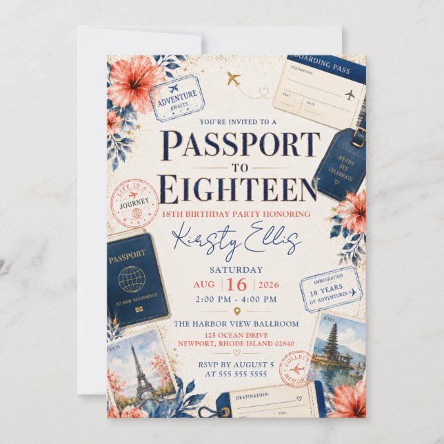 Invitación Pasaporte para fiesta de cumpleaños dieciocho (Anverso)