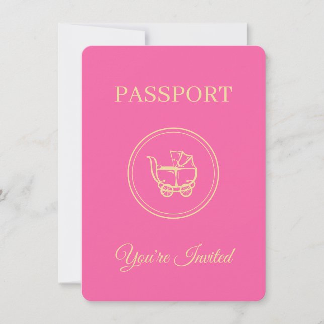 Invitación Pasaporte rosado de Baby Shower tema de viajes (Anverso)