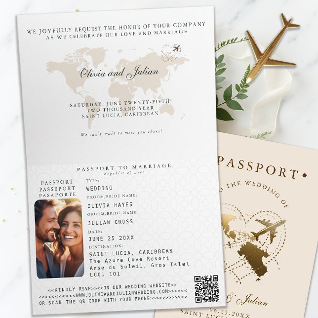 Invitación Pasaporte Santa Lucía Boda de Destino Caribeño (passport wedding invitation destination saint lucia caribbean elegant calligraphy rsvp qr)