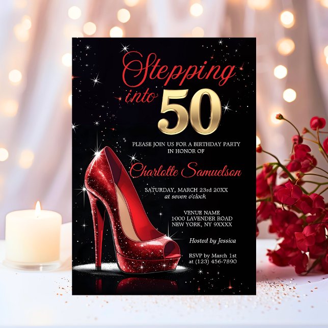 Invitación Pasar a 50 BIRTHDAY Tos Altos Rojos Cincuenta (Stepping into 50 BIRTHDAY Red High Heels Fifty Invitation)