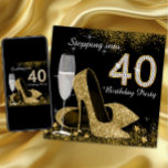 Invitación Pasar a la fiesta de cumpleaños 40<br><div class="desc">Hermosa invitación a la fiesta de cumpleaños en negro y oro con elegante copa de champán y zapatos de tacón dorado. Usted puede fácilmente personalizar esta elegante versión en negro y oro en la invitación de la fiesta de 40 cumpleaños para su evento simplemente agregando sus detalles en el estilo...</div>