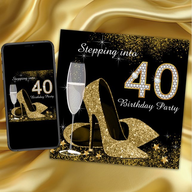 Invitación Pasar a la fiesta de cumpleaños 40 (Womans stepping into 40 birthday party invitation with gold high heel shoes and diamond 40.)