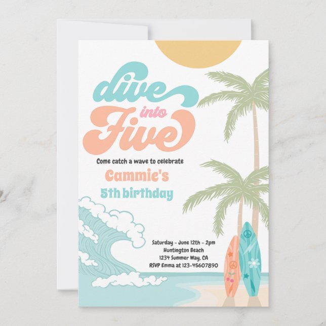 Invitación Pasar a la quinta fiesta de cumpleaños de los surf (Anverso)