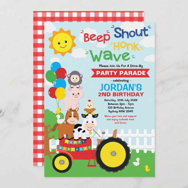Invitación Pasar por los animales de granja del desfile de fi (Anverso / Reverso)