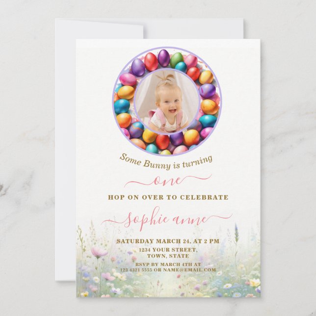 Invitación Pascua algunos conejitos Chica foto primer cumplea (Anverso)