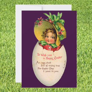 Invitación Pascua antigua, niña victoriana con gorro en huevo