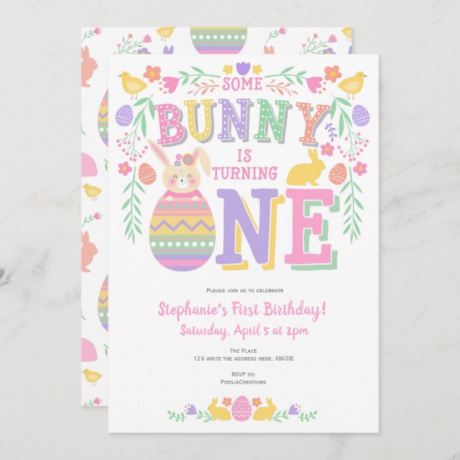 Invitación Pascua, conejo, primavera, primer cumpleaños (Anverso / Reverso)